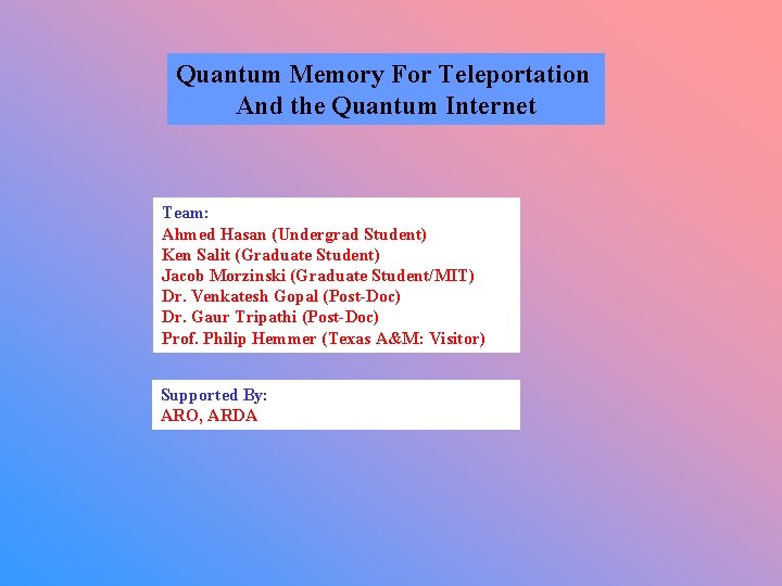 Quantum Memory For Teleportation And the Quantum Internet Team: Ahmed Hasan (Undergrad Student) Ken