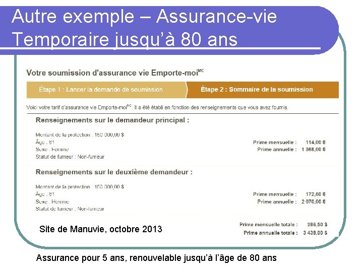 Autre exemple – Assurance-vie Temporaire jusqu’à 80 ans Site de Manuvie, octobre 2013 Assurance