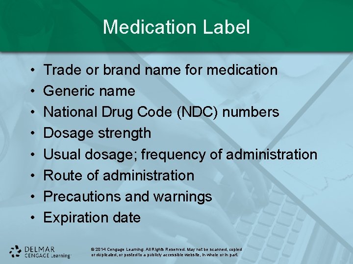 Medication Label • • Trade or brand name for medication Generic name National Drug