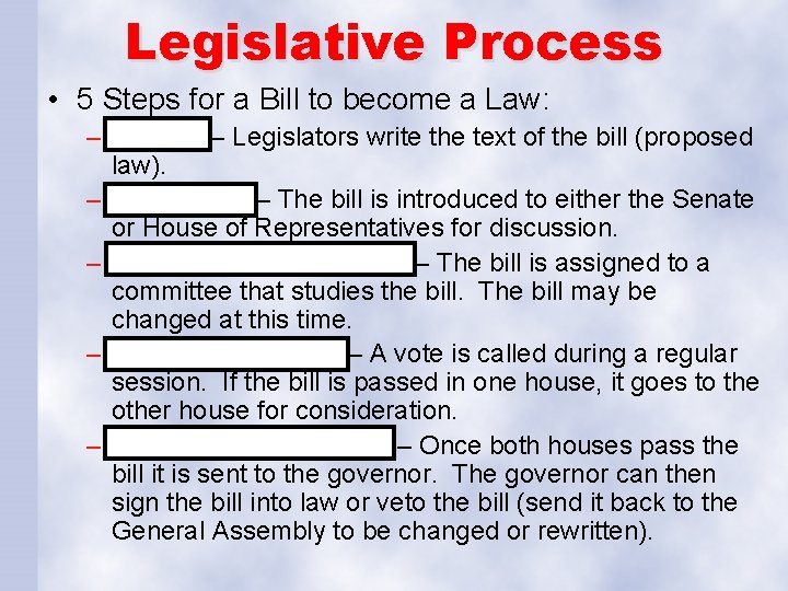 Legislative Process • 5 Steps for a Bill to become a Law: – Drafting
