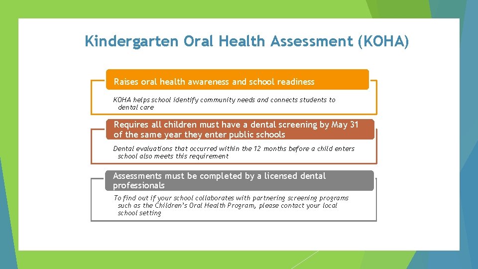 Kindergarten Oral Health Assessment (KOHA) Raises oral health awareness and school readiness KOHA helps