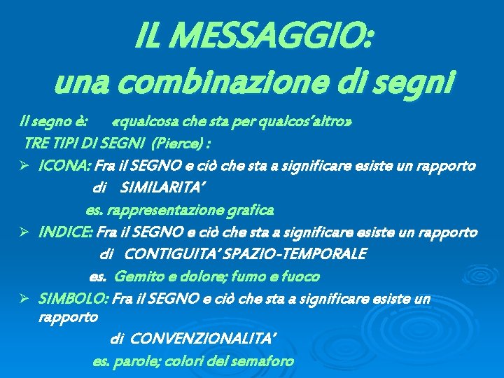 IL MESSAGGIO: una combinazione di segni Il segno è: «qualcosa che sta per qualcos’altro»