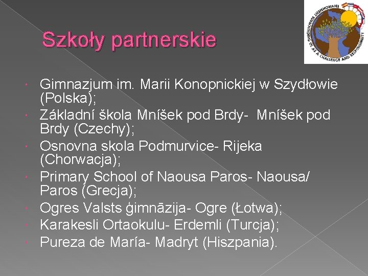 Szkoły partnerskie Gimnazjum im. Marii Konopnickiej w Szydłowie (Polska); Základní škola Mníšek pod Brdy-