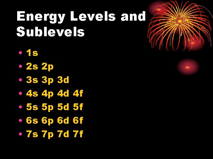 Energy Levels and Sublevels • • 1 s 2 s 3 s 4 s