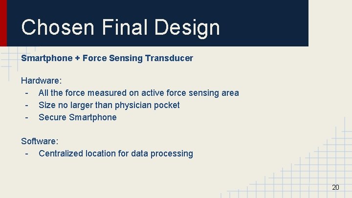 Chosen Final Design Smartphone + Force Sensing Transducer Hardware: - All the force measured