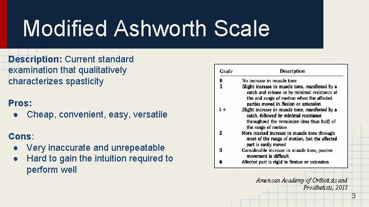 Modified Ashworth Scale Description: Current standard examination that qualitatively characterizes spasticity Pros: ● Cheap,