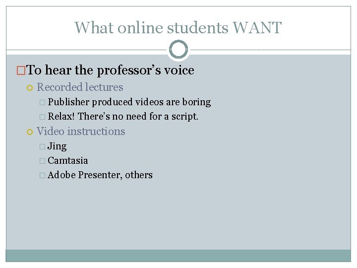 What online students WANT �To hear the professor’s voice Recorded lectures � Publisher produced