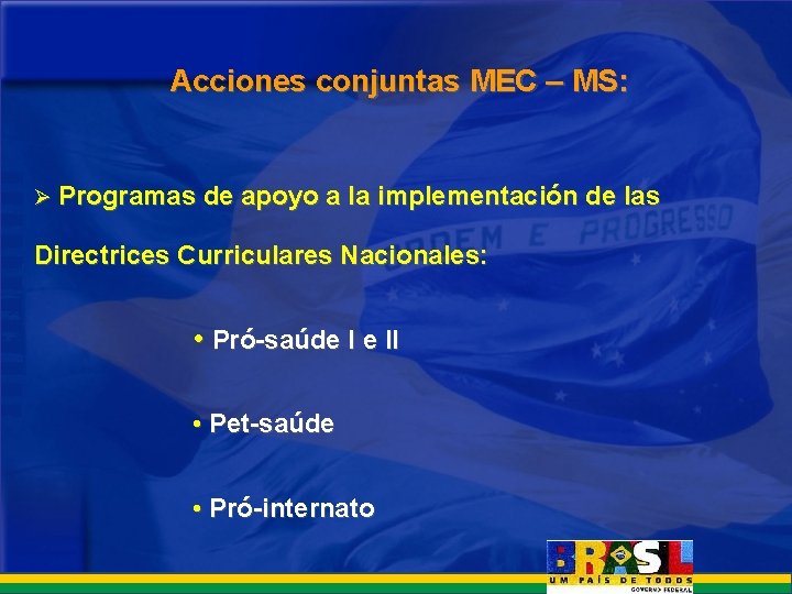 Acciones conjuntas MEC – MS: Ø Programas de apoyo a la implementación de las