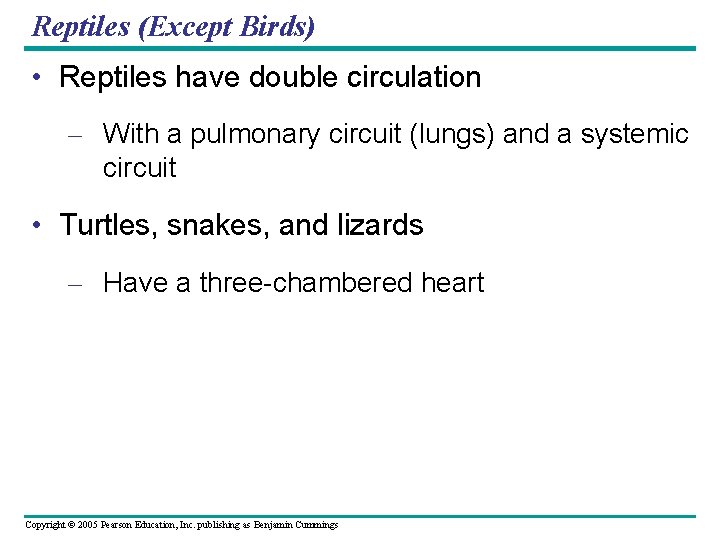 Reptiles (Except Birds) • Reptiles have double circulation – With a pulmonary circuit (lungs)