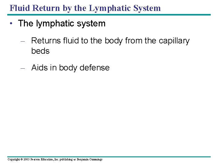 Fluid Return by the Lymphatic System • The lymphatic system – Returns fluid to