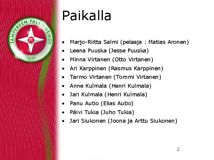 Paikalla • Marjo-Riitta Salmi (pelaaja : Matias Aronen) • Leena Puuska (Jesse Puuska) •