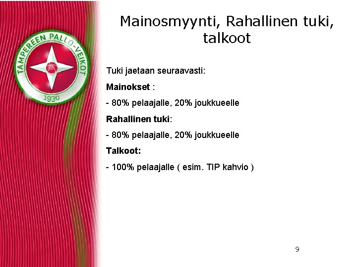 Mainosmyynti, Rahallinen tuki, talkoot Tuki jaetaan seuraavasti: Mainokset : - 80% pelaajalle, 20% joukkueelle