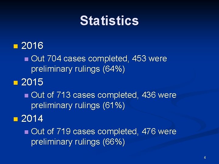 Statistics n 2016 n n 2015 n n Out 704 cases completed, 453 were