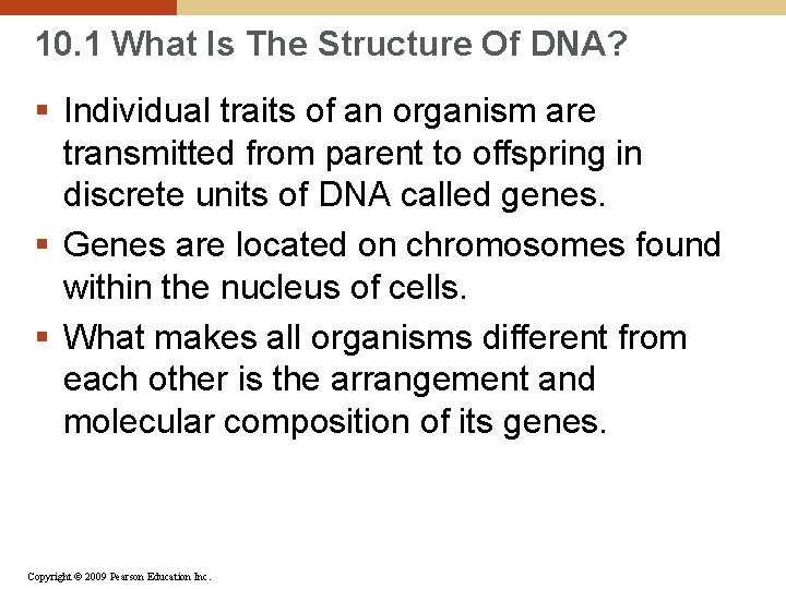 10. 1 What Is The Structure Of DNA? § Individual traits of an organism