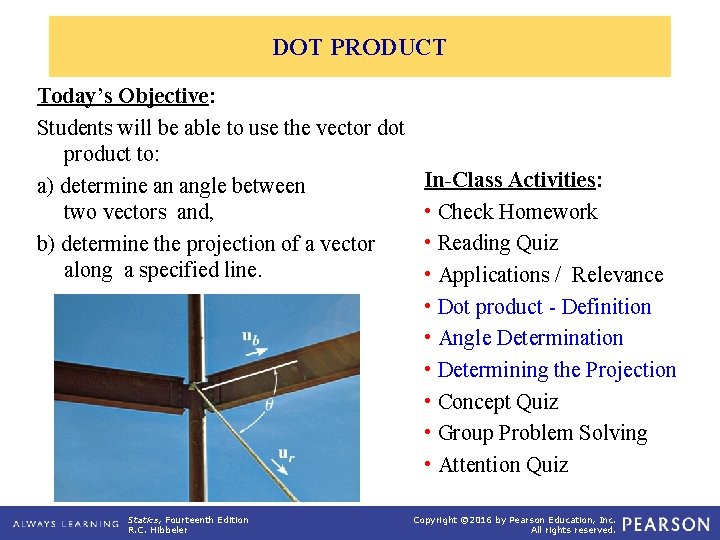 DOT PRODUCT Today’s Objective: Students will be able to use the vector dot product