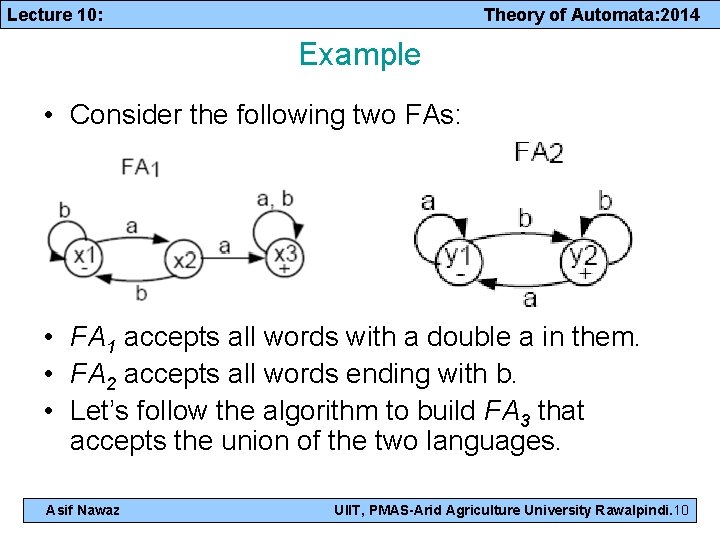 Lecture 10: Theory of Automata: 2014 Example • Consider the following two FAs: •