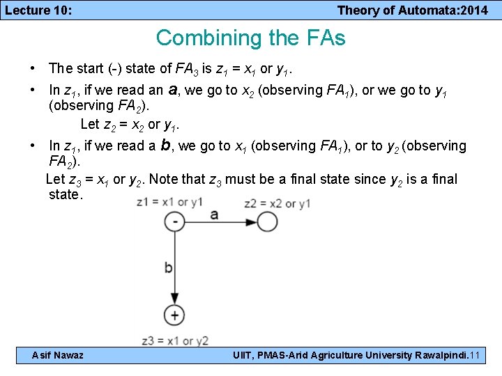 Lecture 10: Theory of Automata: 2014 Combining the FAs • The start (-) state