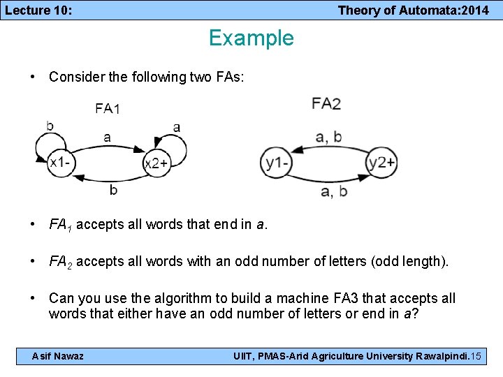 Lecture 10: Theory of Automata: 2014 Example • Consider the following two FAs: •