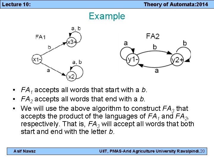 Lecture 10: Theory of Automata: 2014 Example • FA 1 accepts all words that