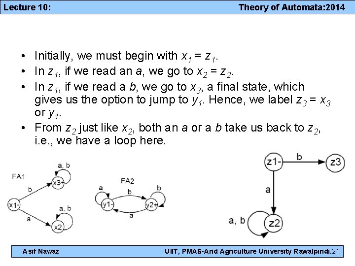 Lecture 10: Theory of Automata: 2014 • Initially, we must begin with x 1