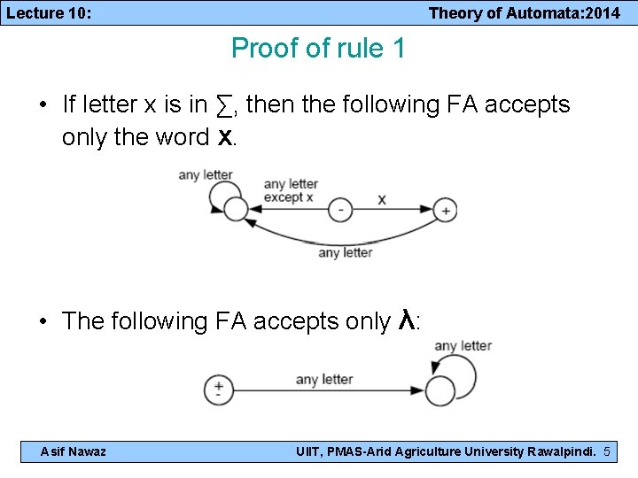 Lecture 10: Theory of Automata: 2014 Proof of rule 1 • If letter x