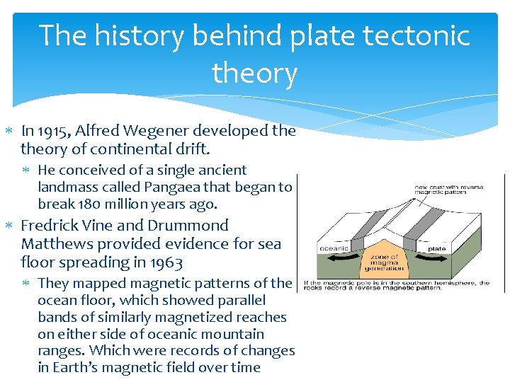 The history behind plate tectonic theory In 1915, Alfred Wegener developed theory of continental