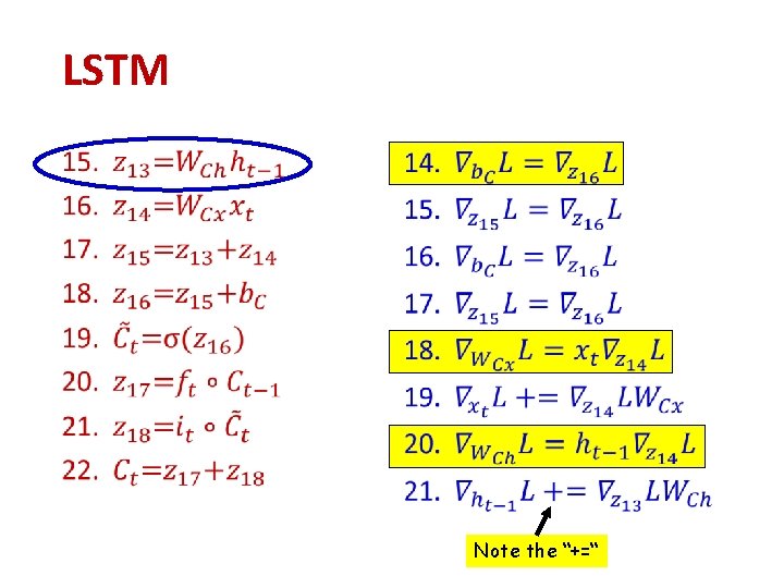 LSTM • Note the “+=“ LSTM • Note the “+=“