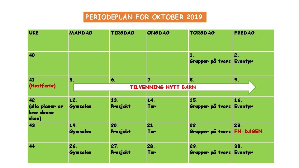 PERIODEPLAN FOR OKTOBER 2019 UKE MANDAG TIRSDAG ONSDAG 40 TORSDAG FREDAG 1. 2. Grupper