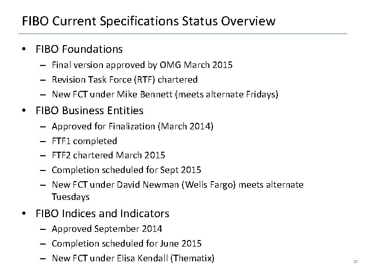 FIBO Current Specifications Status Overview • FIBO Foundations – Final version approved by OMG