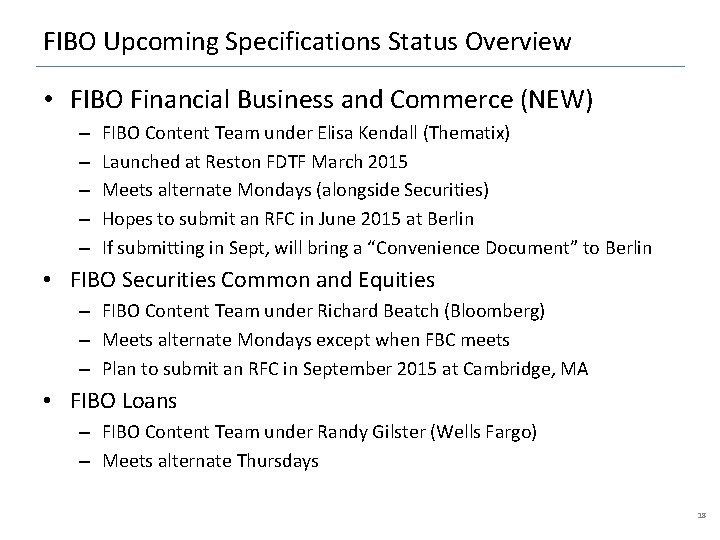 FIBO Upcoming Specifications Status Overview • FIBO Financial Business and Commerce (NEW) – –