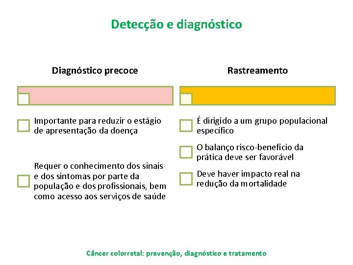 Detecção e diagnóstico Diagnóstico precoce Importante para reduzir o estágio de apresentação da doença