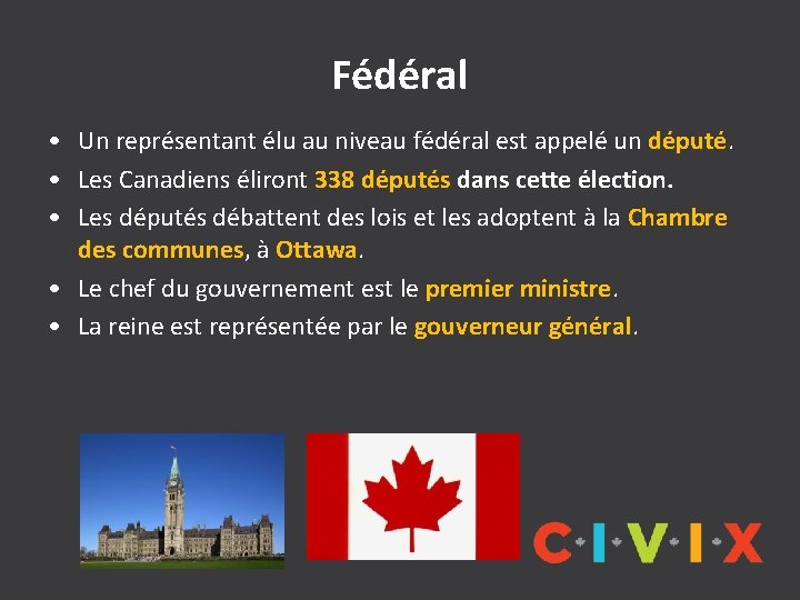 Fédéral • Un représentant élu au niveau fédéral est appelé un député. • Les