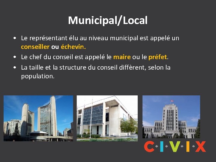 Municipal/Local • Le représentant élu au niveau municipal est appelé un conseiller ou échevin.
