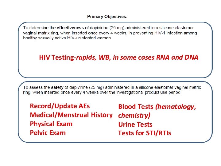 HIV Testing-rapids, WB, in some cases RNA and DNA Record/Update AEs Medical/Menstrual History Physical