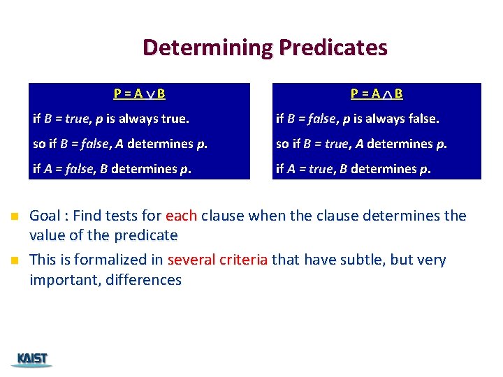 Determining Predicates P=A B n n P=A B if B = true, p is