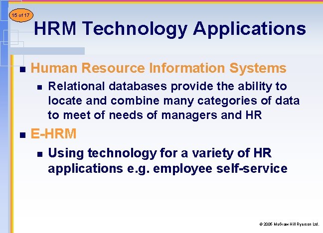15 of 17 21 n HRM Technology Applications Human Resource Information Systems n n 15 of 17 21 n HRM Technology Applications Human Resource Information Systems n n