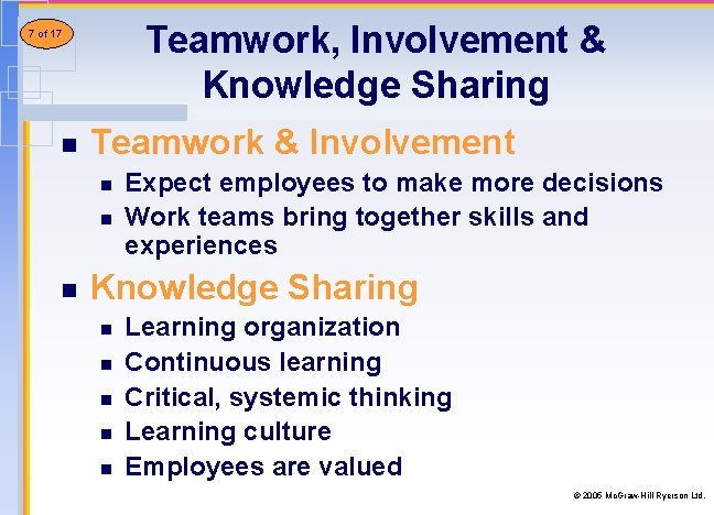 Teamwork, Involvement & Knowledge Sharing 8 of 17 7 21 n Teamwork & Involvement Teamwork, Involvement & Knowledge Sharing 8 of 17 7 21 n Teamwork & Involvement