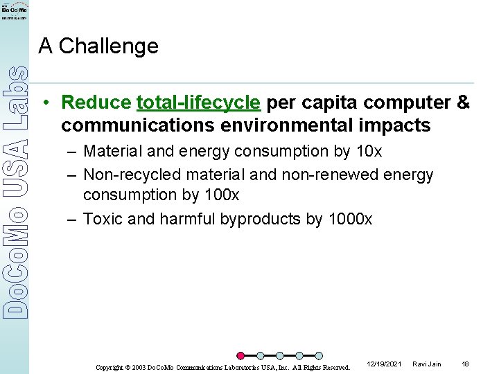 A Challenge • Reduce total-lifecycle per capita computer & communications environmental impacts – Material