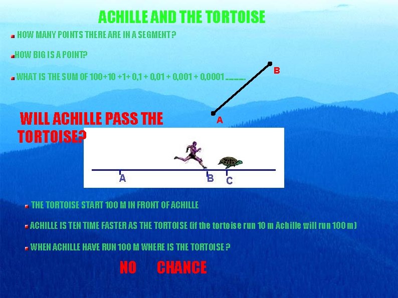 ACHILLE AND THE TORTOISE HOW MANY POINTS THERE ARE IN A SEGMENT ? HOW
