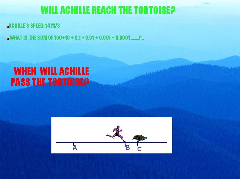 WILL ACHILLE REACH THE TORTOISE? ACHILLE'S SPEED: 14 M/S WHAT IS THE SUM OF