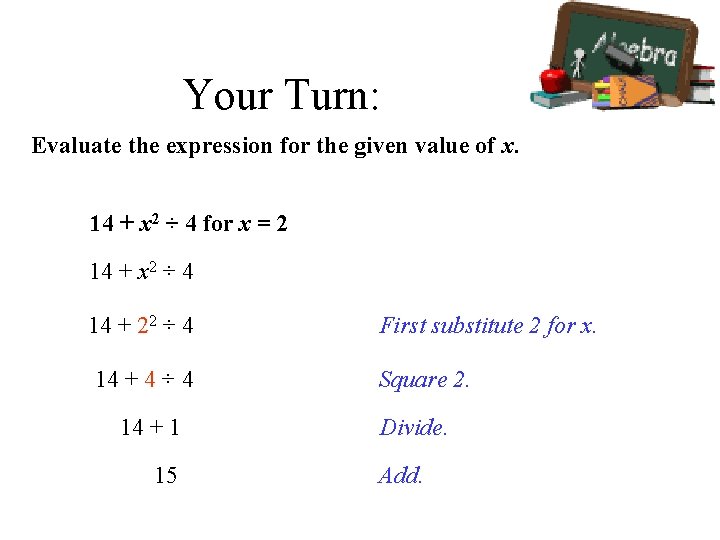 Your Turn: Evaluate the expression for the given value of x. 14 + x