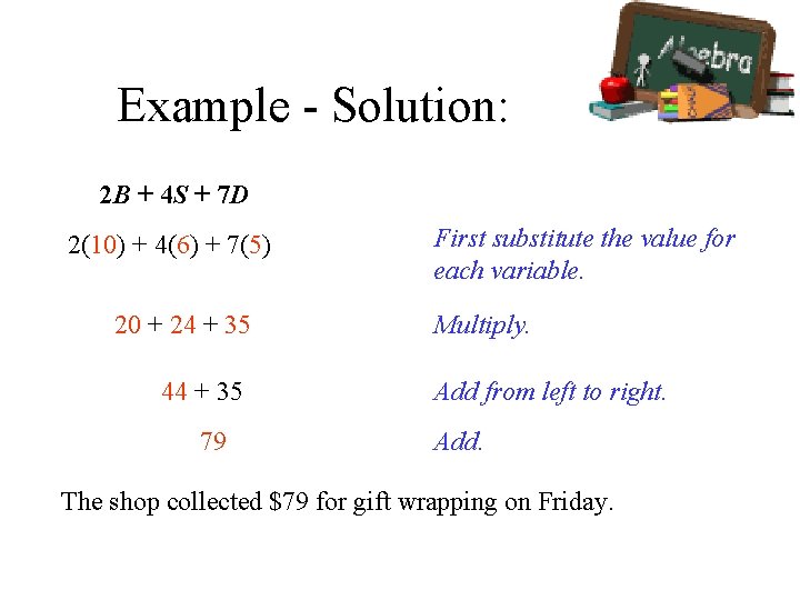 Example - Solution: 2 B + 4 S + 7 D 2(10) + 4(6)