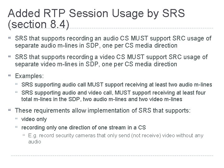Added RTP Session Usage by SRS (section 8. 4) SRS that supports recording an
