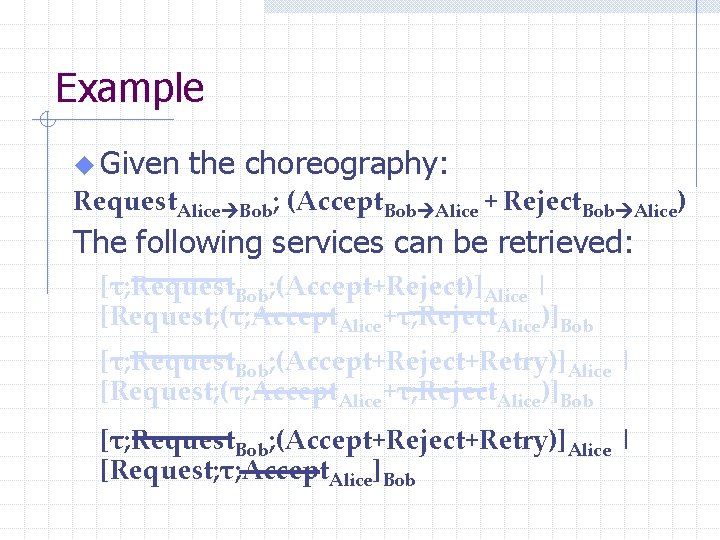 Example u Given the choreography: Request. Alice Bob; (Accept. Bob Alice + Reject. Bob