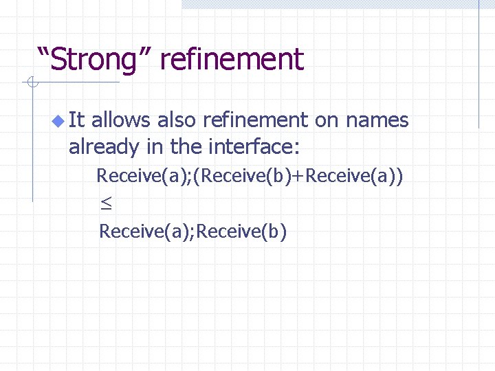 “Strong” refinement u It allows also refinement on names already in the interface: Receive(a);