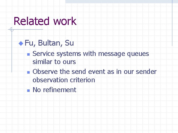 Related work u Fu, n n n Bultan, Su Service systems with message queues