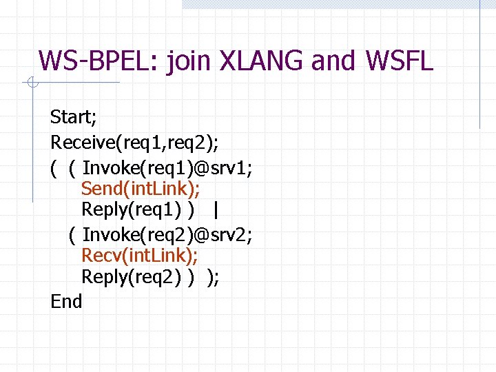 WS-BPEL: join XLANG and WSFL Start; Receive(req 1, req 2); ( ( Invoke(req 1)@srv