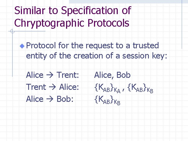 Similar to Specification of Chryptographic Protocols u Protocol for the request to a trusted
