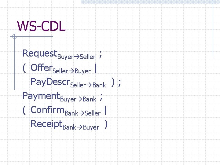 WS-CDL Request. Buyer Seller ; ( Offer. Seller Buyer | Pay. Descr. Seller Bank