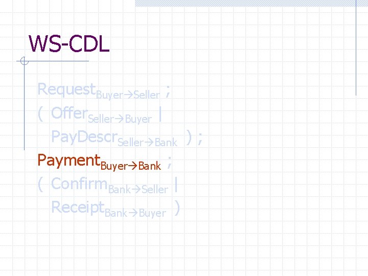 WS-CDL Request. Buyer Seller ; ( Offer. Seller Buyer | Pay. Descr. Seller Bank
